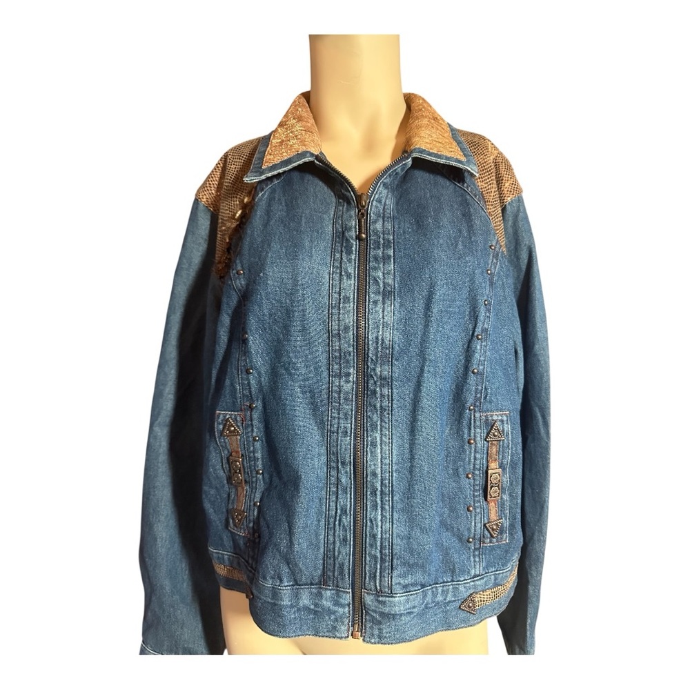 Nancy Bolen City Girl Denim Jacket w/Animal Print & Embellishments SZ 16 (296)